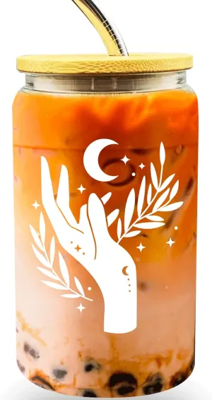 Drinking Glasses with Bamboo Lids and Straw, Boho Moon Hand Iced Coffee Cup,16oz Beer Can Shaped Glass Cups, Cute Tumbler Cup for Smoothie, Boba Tea, Whiskey, Water