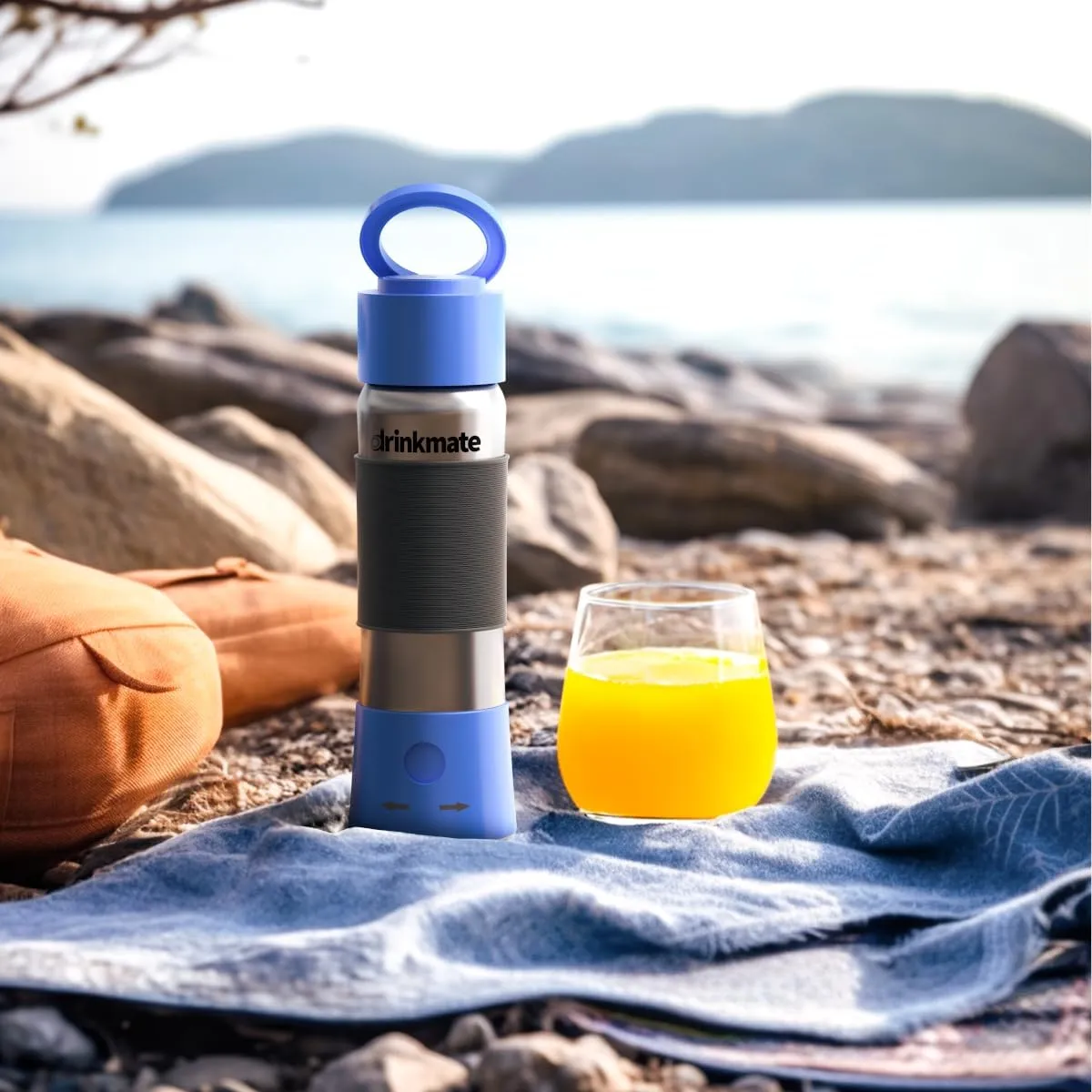 DrinkMate instaFizz Carbonating Water Bottle - Sparkles ANY Drink On the Go - 21oz Stainless Steel, BPA-Free, Wide Mouth, With Insulating Sleeve and Ten 8g CO2 Chargers (Blue)