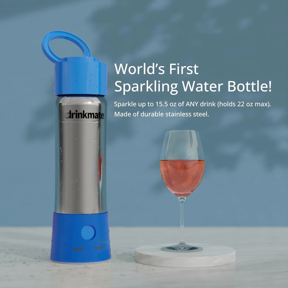 DrinkMate instaFizz Carbonating Water Bottle - Sparkles ANY Drink On the Go - 21oz Stainless Steel, BPA-Free, Wide Mouth, With Insulating Sleeve and Ten 8g CO2 Chargers (Blue)