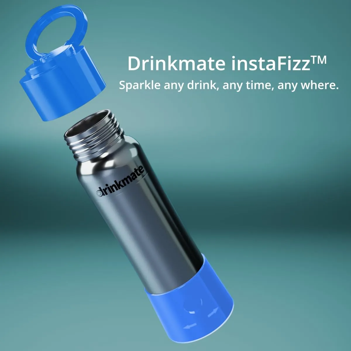 DrinkMate instaFizz Carbonating Water Bottle - Sparkles ANY Drink On the Go - 21oz Stainless Steel, BPA-Free, Wide Mouth, With Insulating Sleeve and Ten 8g CO2 Chargers (Blue)
