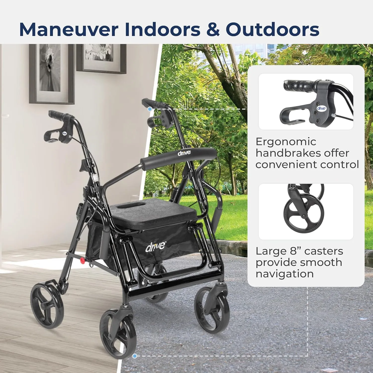 Drive Medical 795BK Duet Folding Transport Wheelchair and Rollator Walker, Black