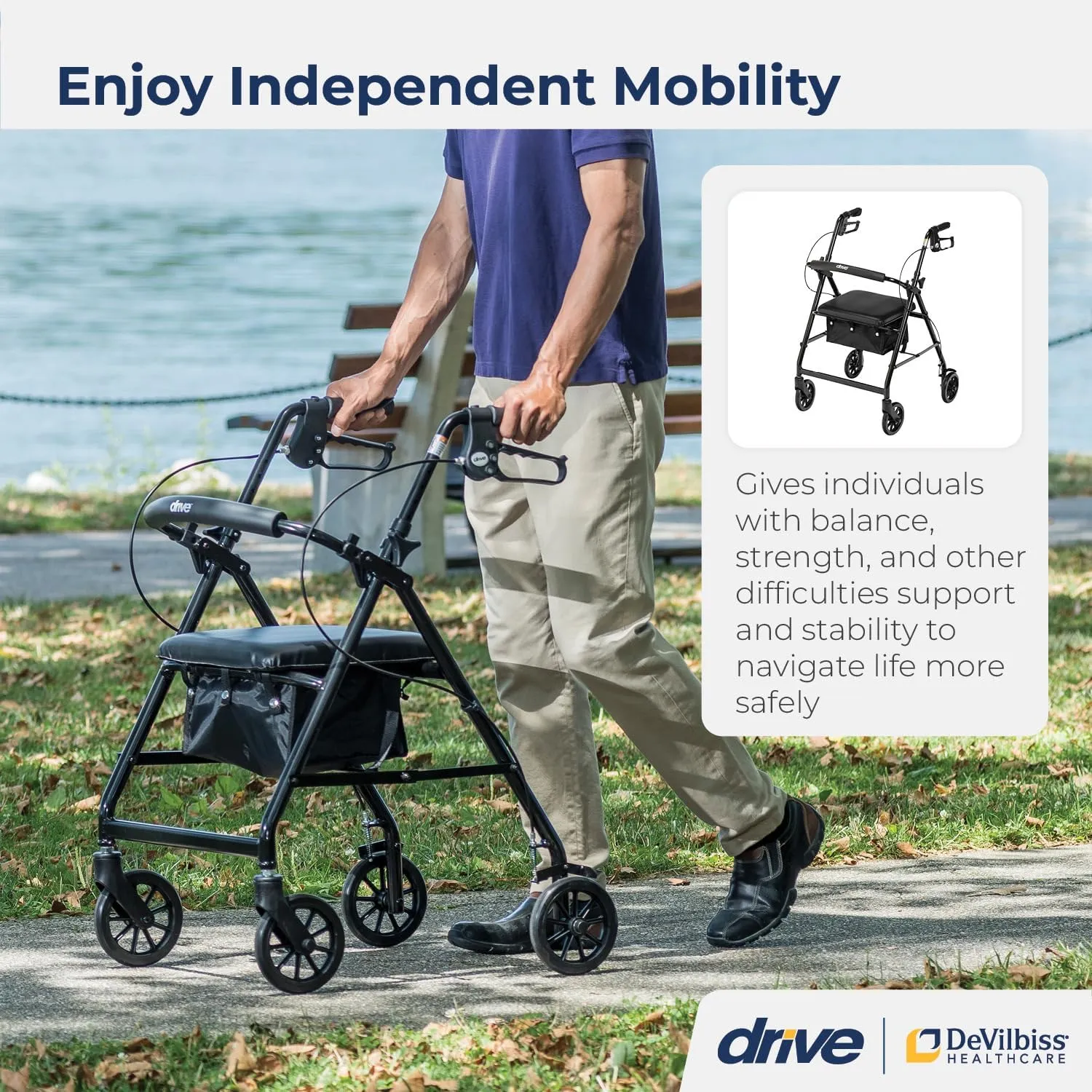 Drive Medical R726BK Foldable Rollator Walker with Seat, Black