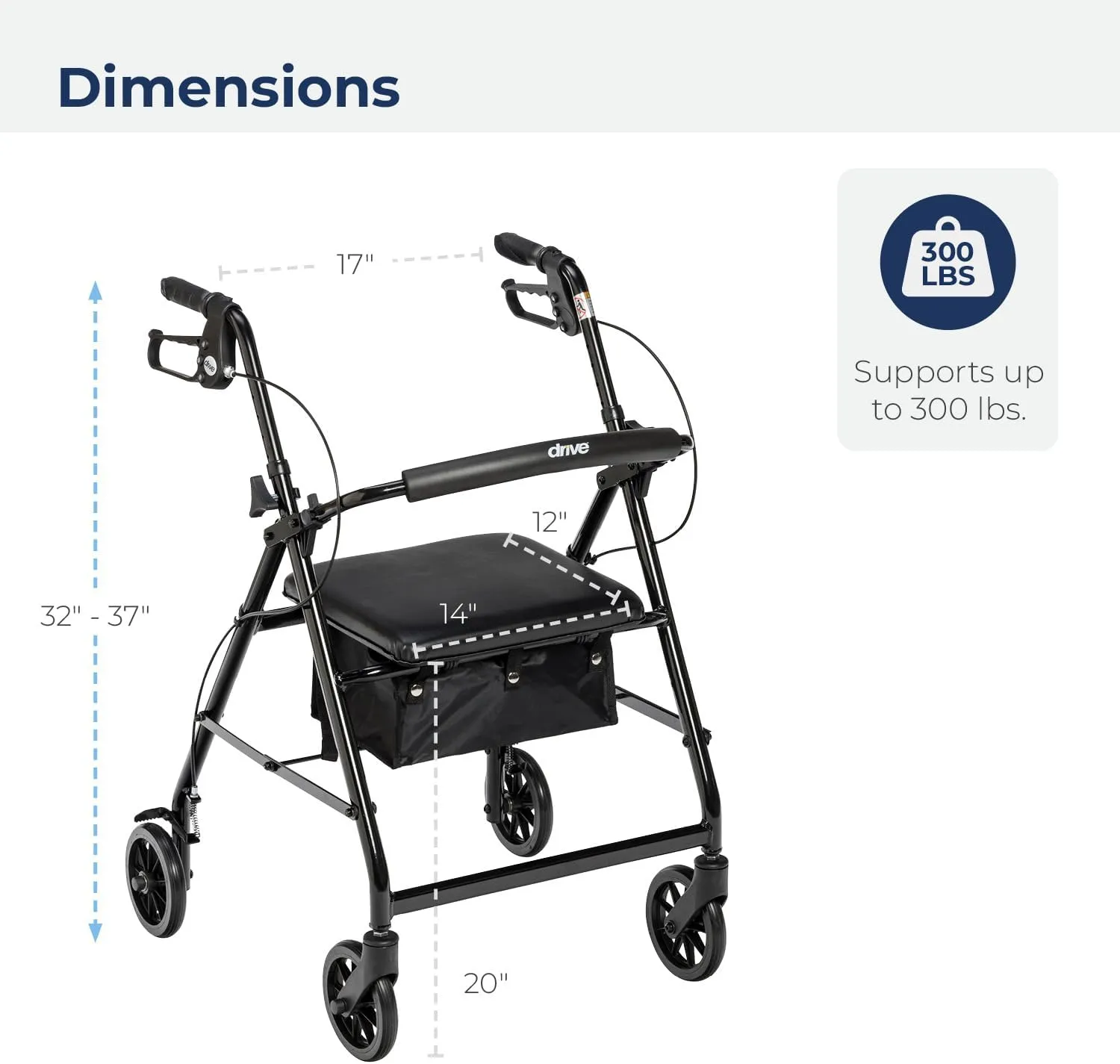 Drive Medical R726BK Foldable Rollator Walker with Seat, Black