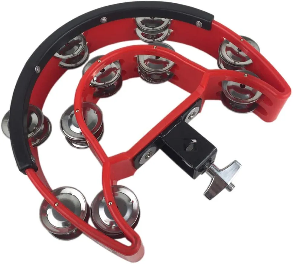 Drum Set Tambourine with Mounting Eye Bolt,Hi Hat tambourine(Black,Red) (10 double rows of jingles, Red)