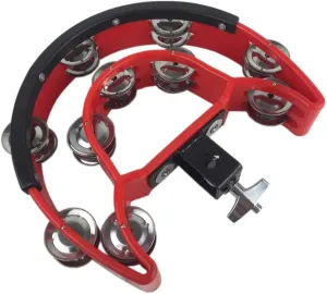 Drum Set Tambourine with Mounting Eye Bolt,Hi Hat tambourine(Black,Red) (10 double rows of jingles, Red)