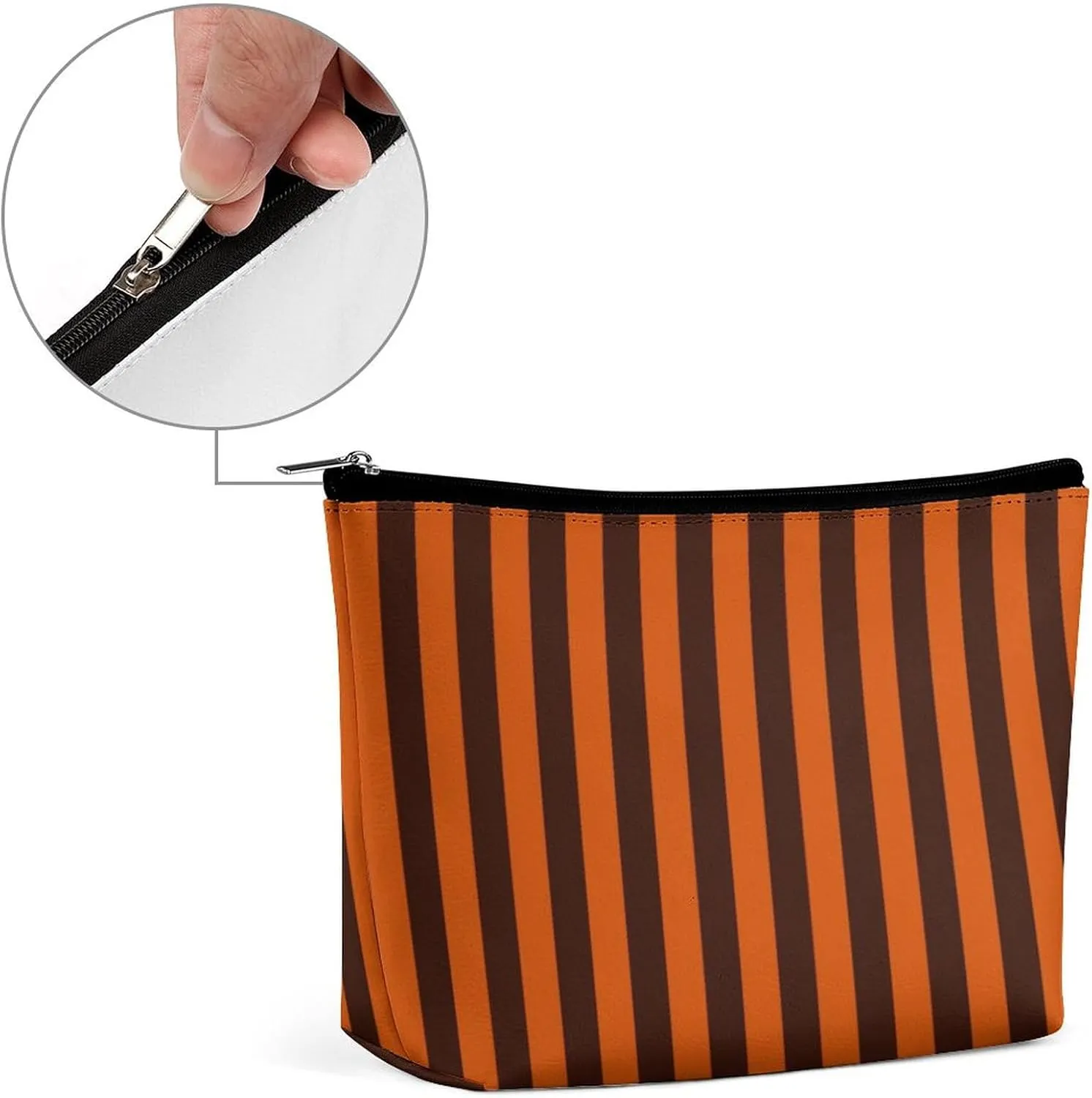 Elegant Makeup Bag, Burnt Orange Striped Cosmetic Bag Large Capacity Pouch Portable Organizer for Men & Women