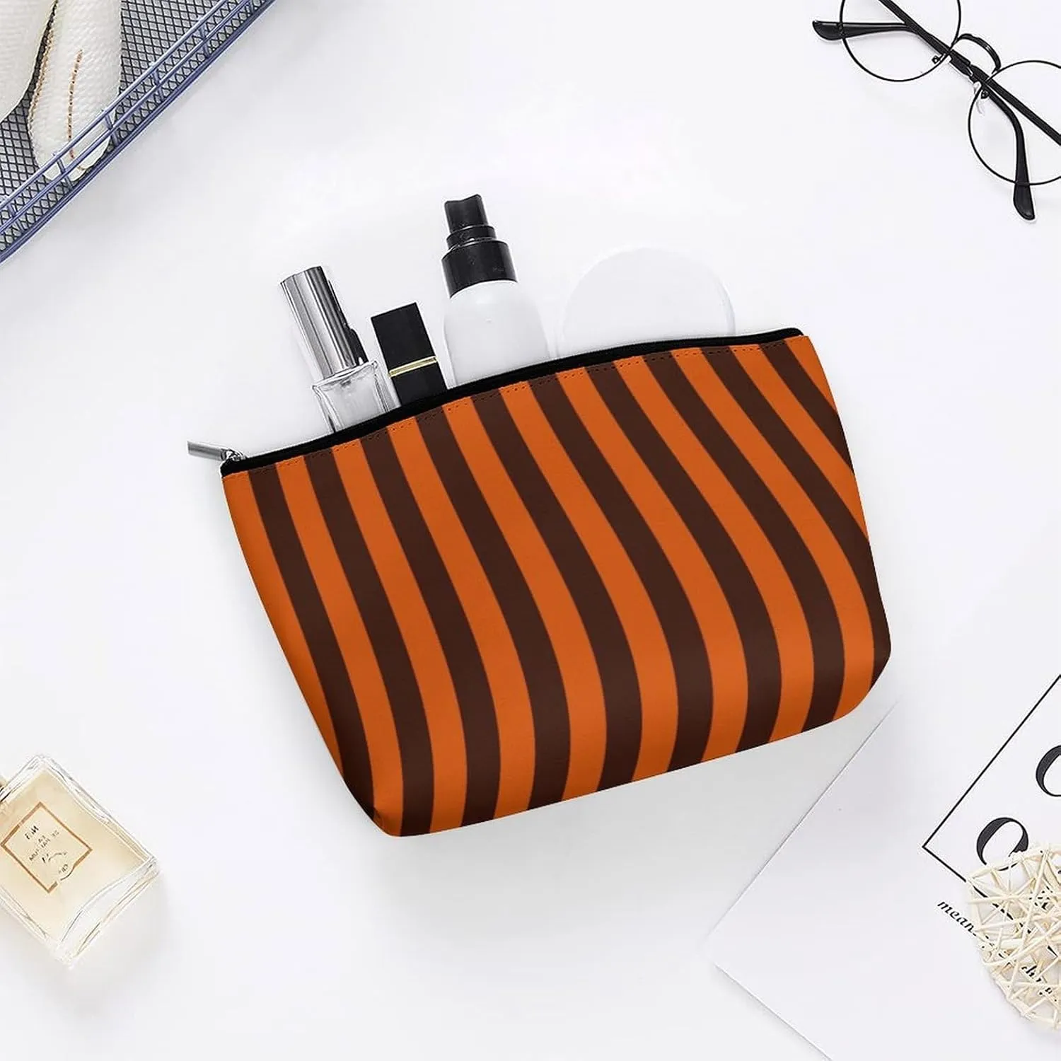 Elegant Makeup Bag, Burnt Orange Striped Cosmetic Bag Large Capacity Pouch Portable Organizer for Men & Women