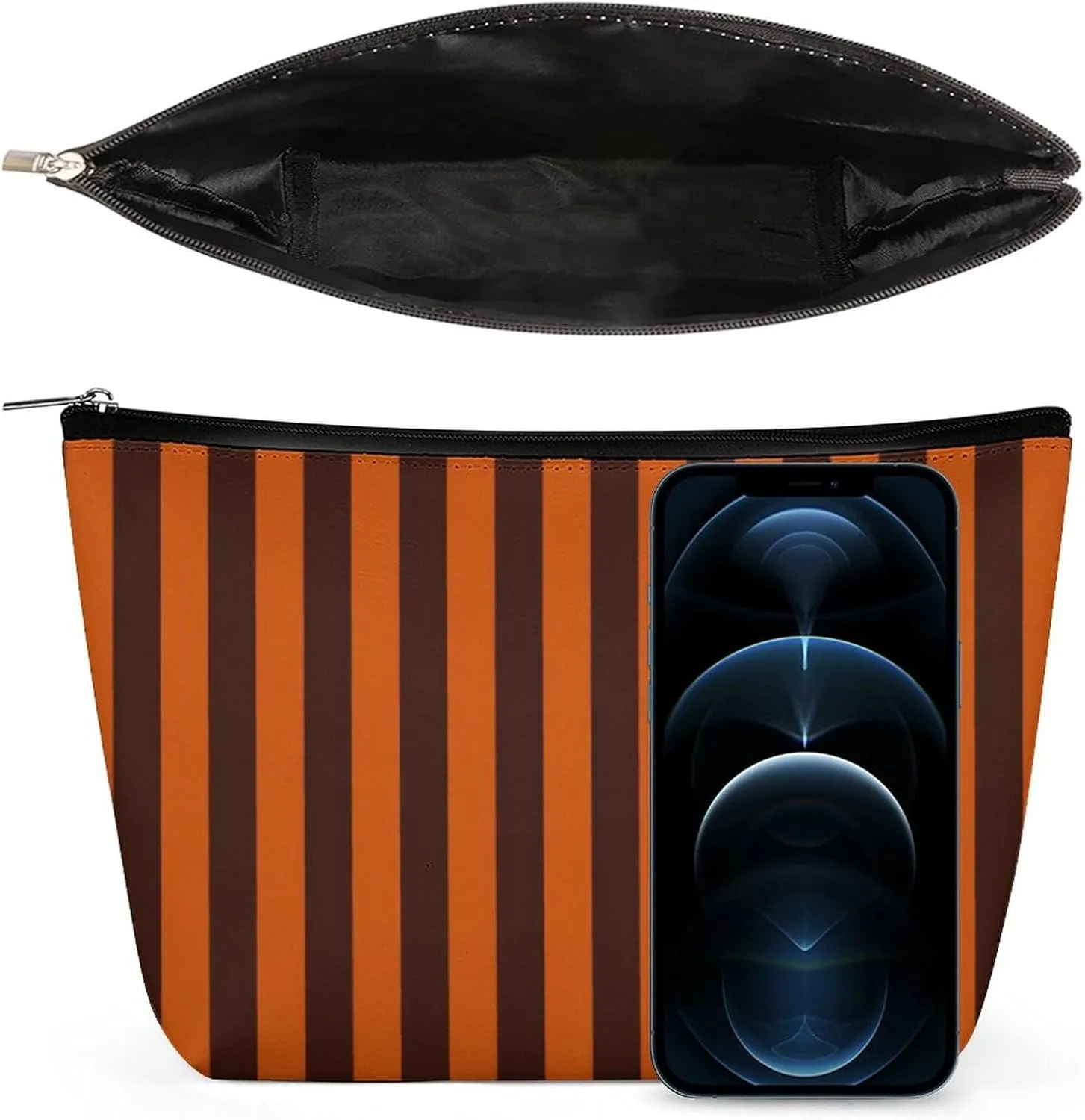 Elegant Makeup Bag, Burnt Orange Striped Cosmetic Bag Large Capacity Pouch Portable Organizer for Men & Women