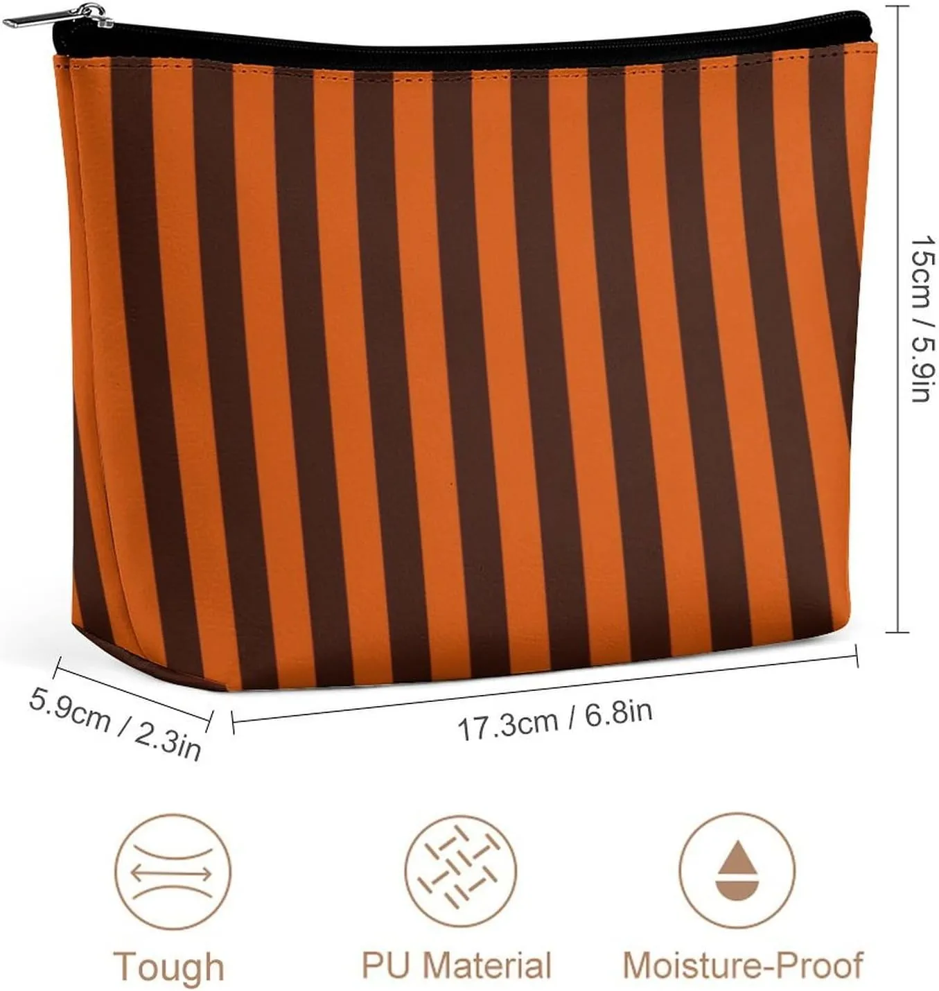 Elegant Makeup Bag, Burnt Orange Striped Cosmetic Bag Large Capacity Pouch Portable Organizer for Men & Women