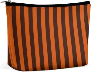 Elegant Makeup Bag, Burnt Orange Striped Cosmetic Bag Large Capacity Pouch Portable Organizer for Men & Women
