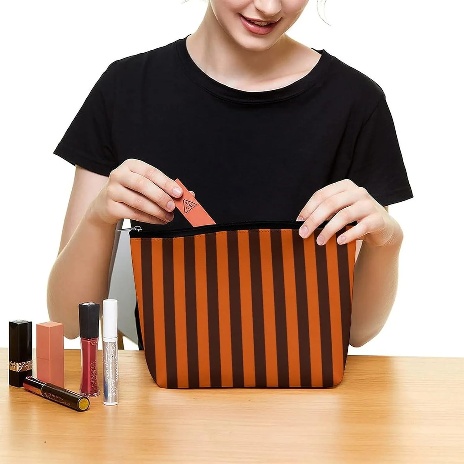 Elegant Makeup Bag, Burnt Orange Striped Cosmetic Bag Large Capacity Pouch Portable Organizer for Men & Women