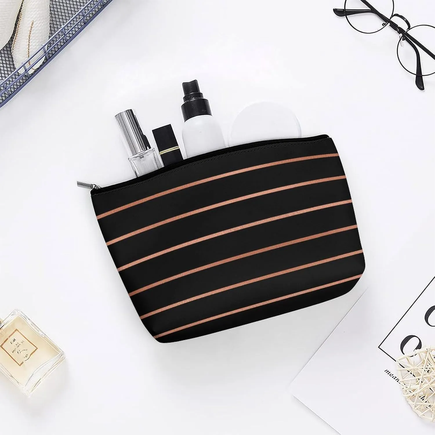 Elegant Makeup Bag, Copper Rose Gold Stripes Cosmetic Bag Large Capacity Pouch Portable Organizer for Men & Women
