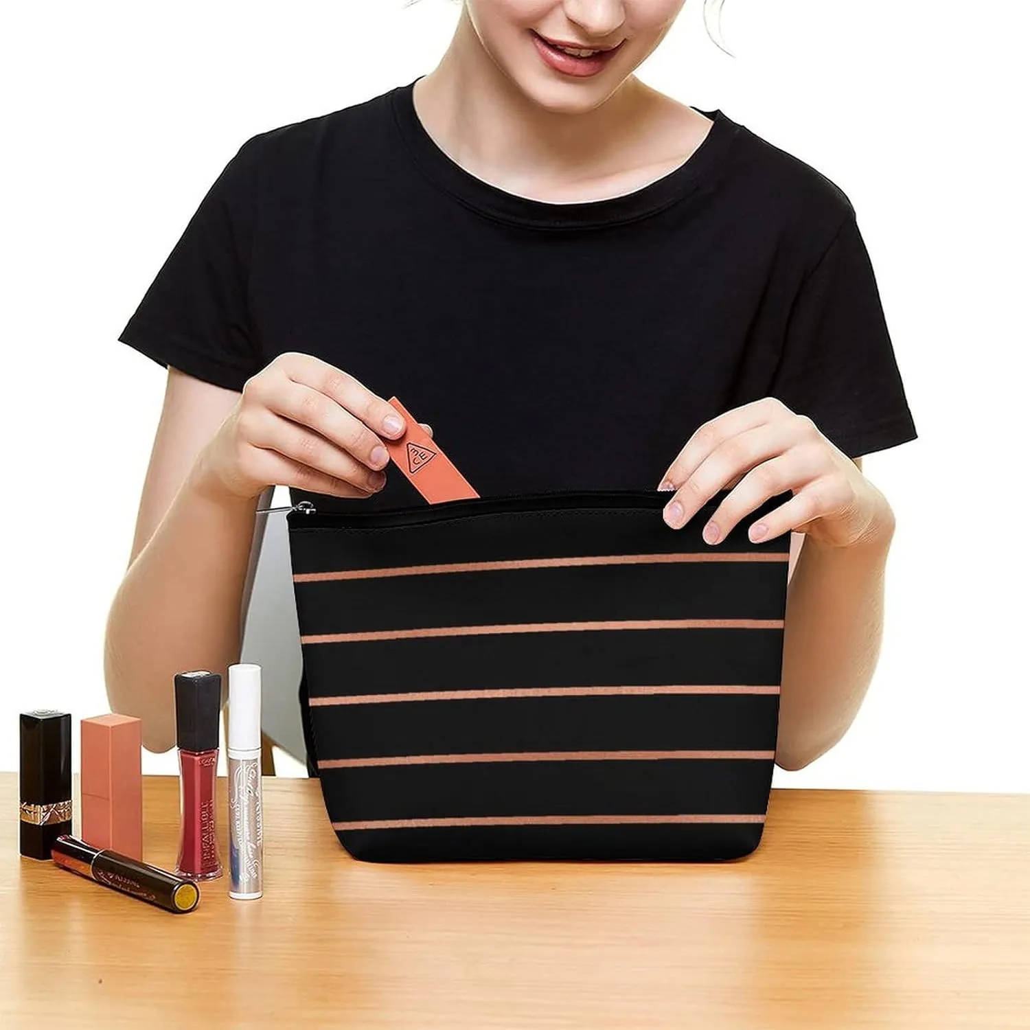 Elegant Makeup Bag, Copper Rose Gold Stripes Cosmetic Bag Large Capacity Pouch Portable Organizer for Men & Women