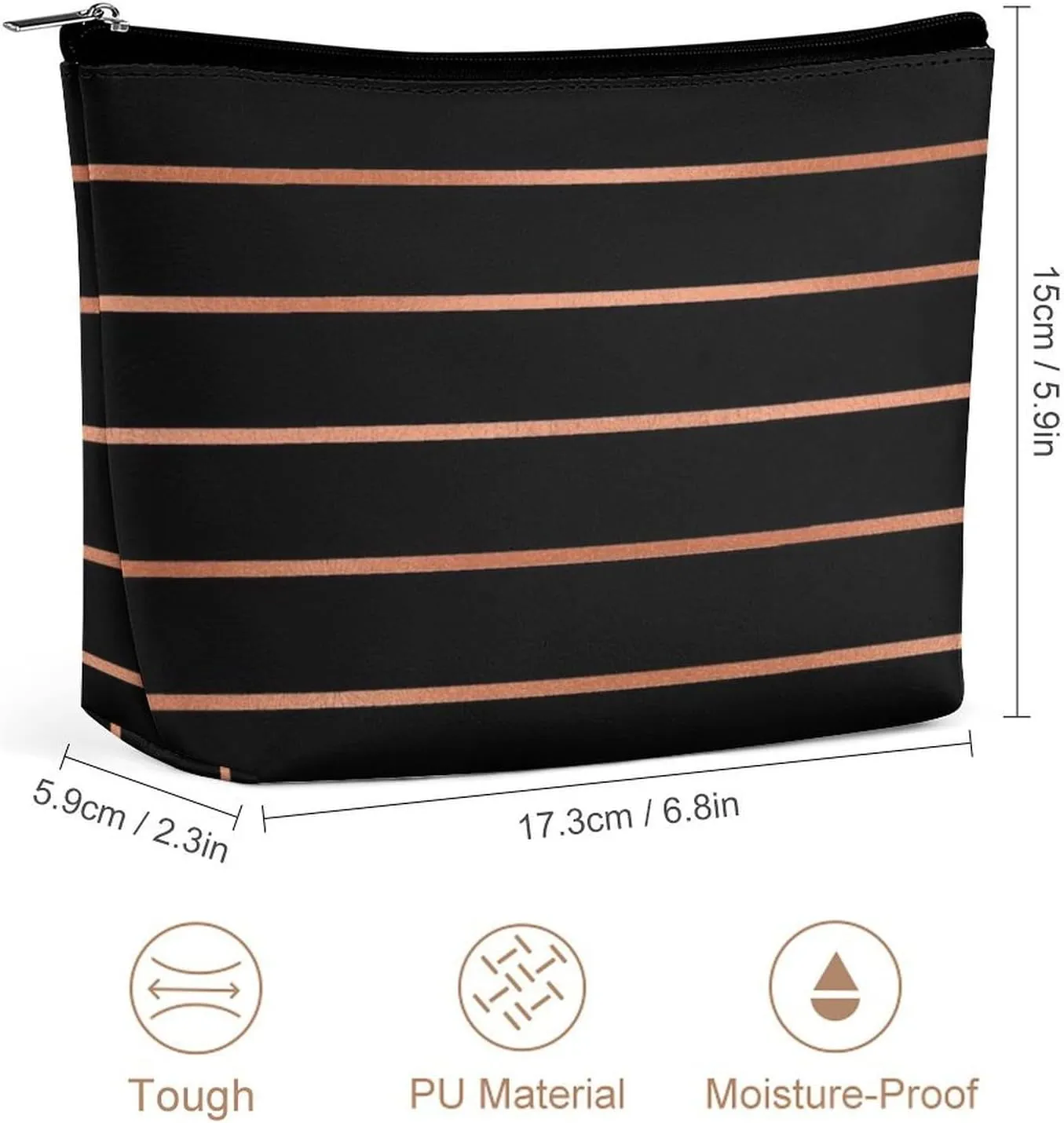 Elegant Makeup Bag, Copper Rose Gold Stripes Cosmetic Bag Large Capacity Pouch Portable Organizer for Men & Women