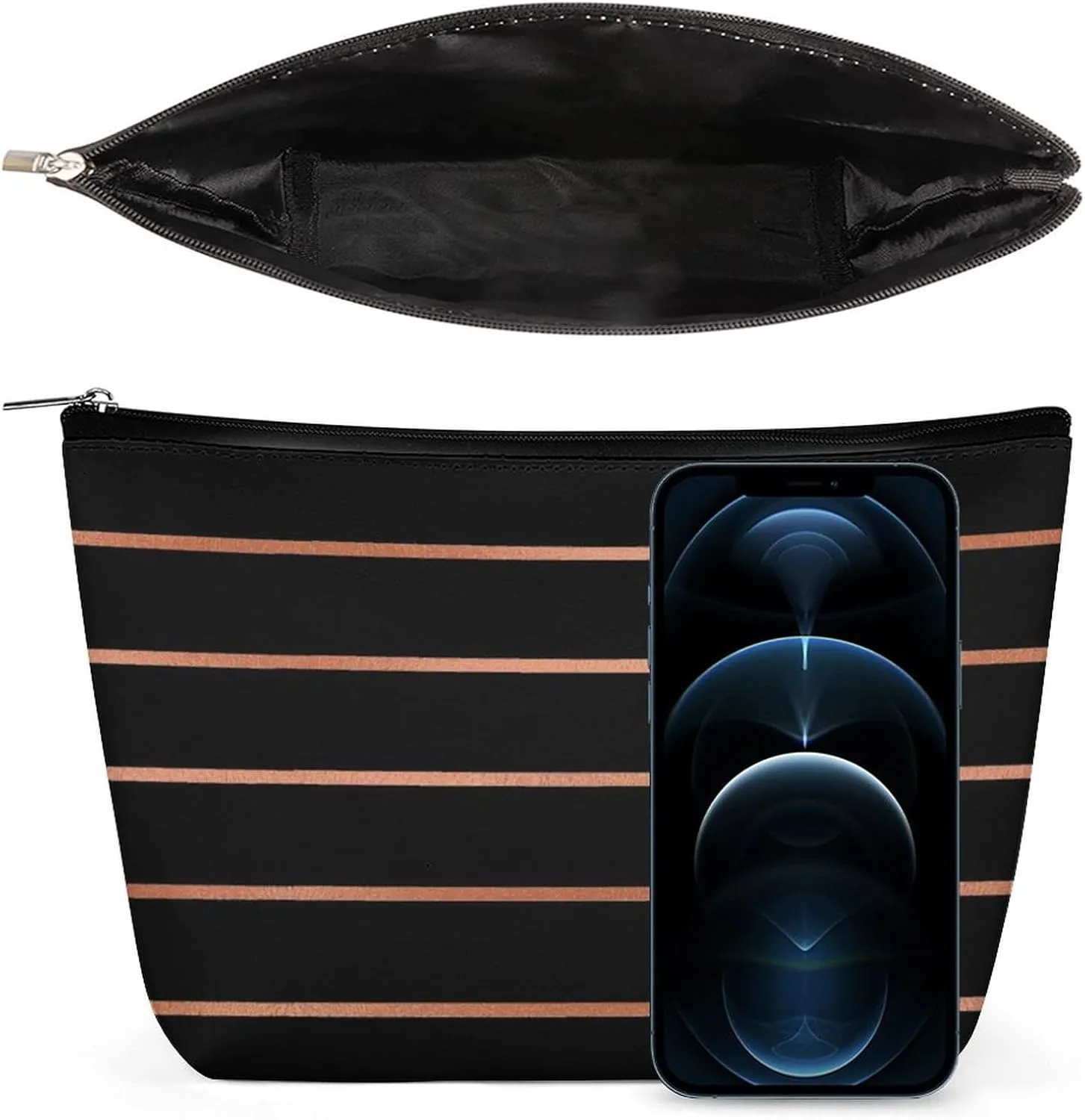 Elegant Makeup Bag, Copper Rose Gold Stripes Cosmetic Bag Large Capacity Pouch Portable Organizer for Men & Women