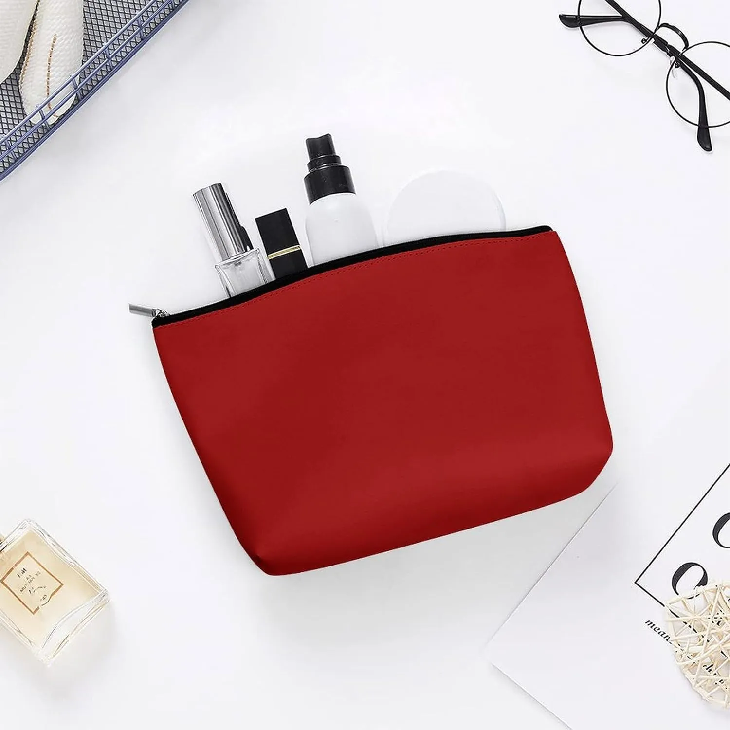 Elegant Makeup Bag, Dark Red Solid Color Classic Elegant Cosmetic Bag Large Capacity Pouch Portable Organizer for Men & Women