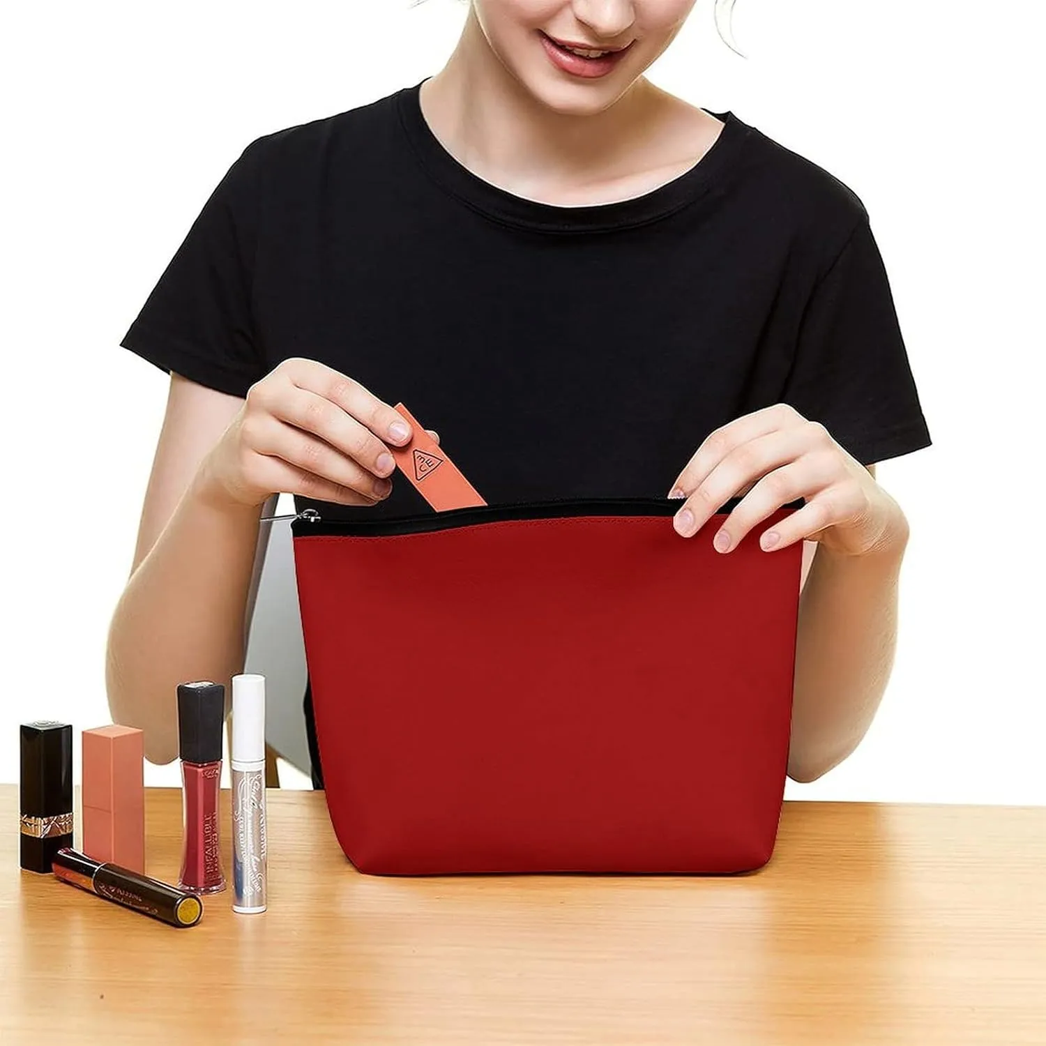 Elegant Makeup Bag, Dark Red Solid Color Classic Elegant Cosmetic Bag Large Capacity Pouch Portable Organizer for Men & Women