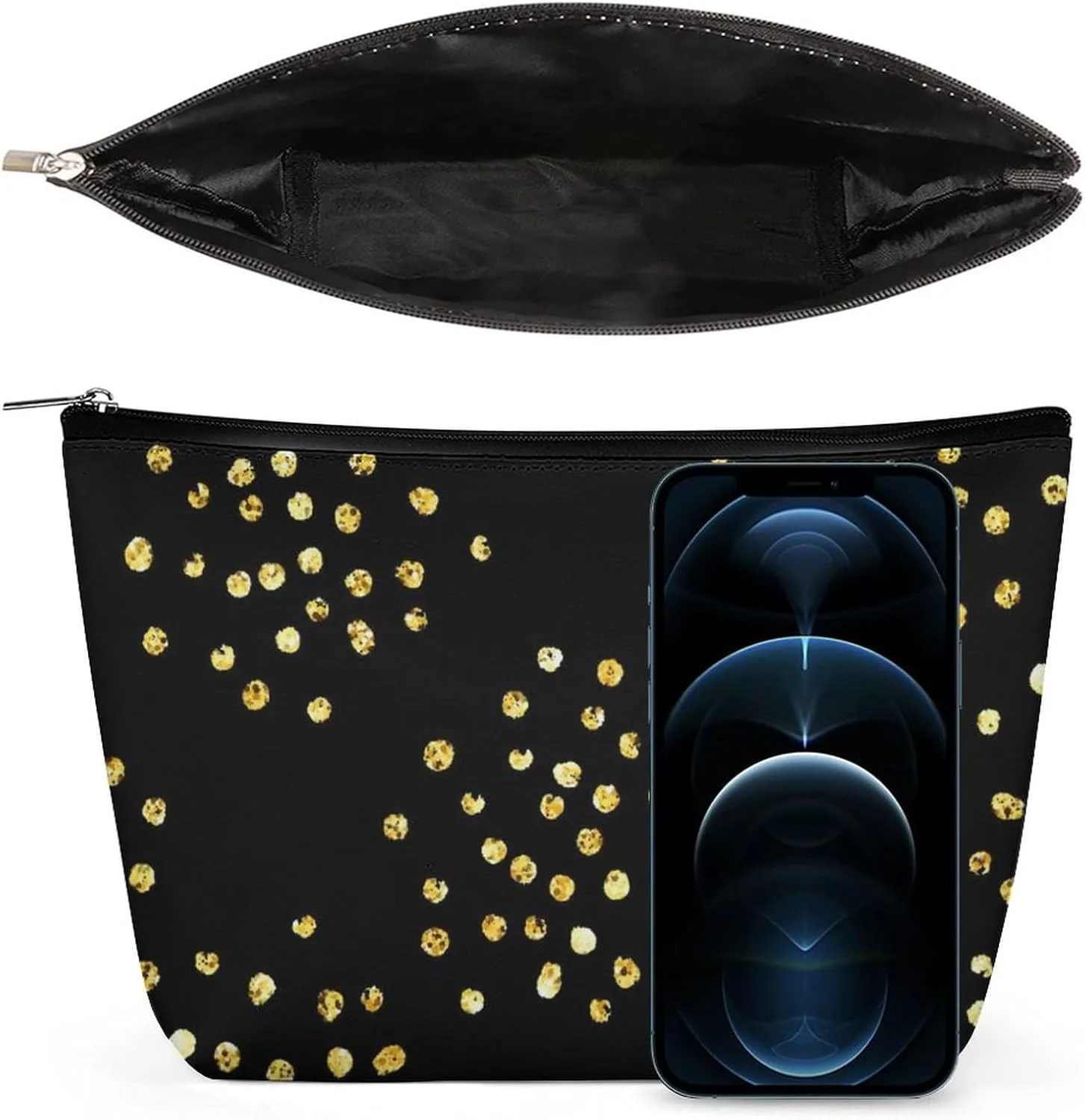 Elegant Makeup Bag, Golden Glitter Dots Cosmetic Bag Large Capacity Pouch Portable Organizer for Men & Women