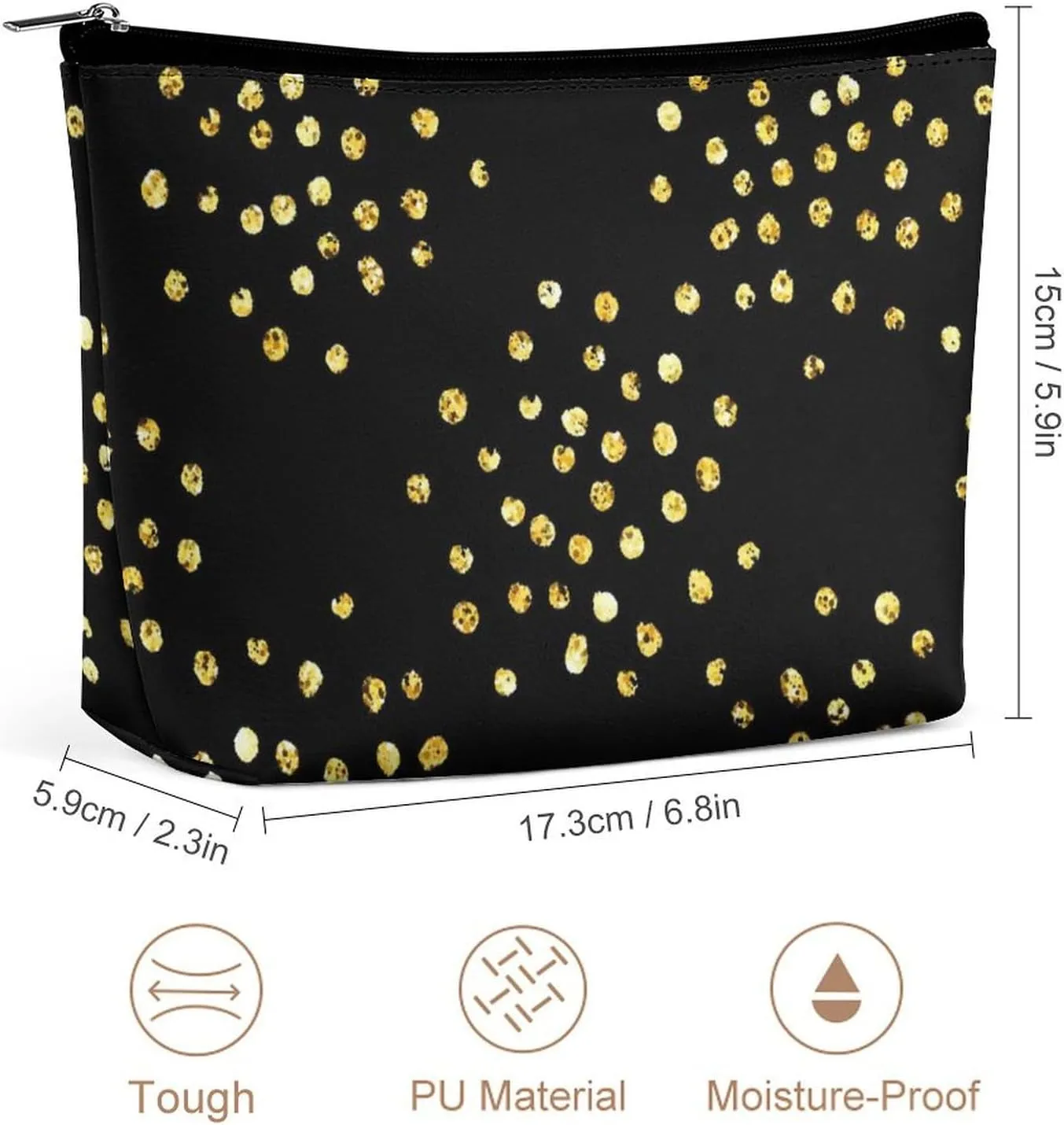 Elegant Makeup Bag, Golden Glitter Dots Cosmetic Bag Large Capacity Pouch Portable Organizer for Men & Women