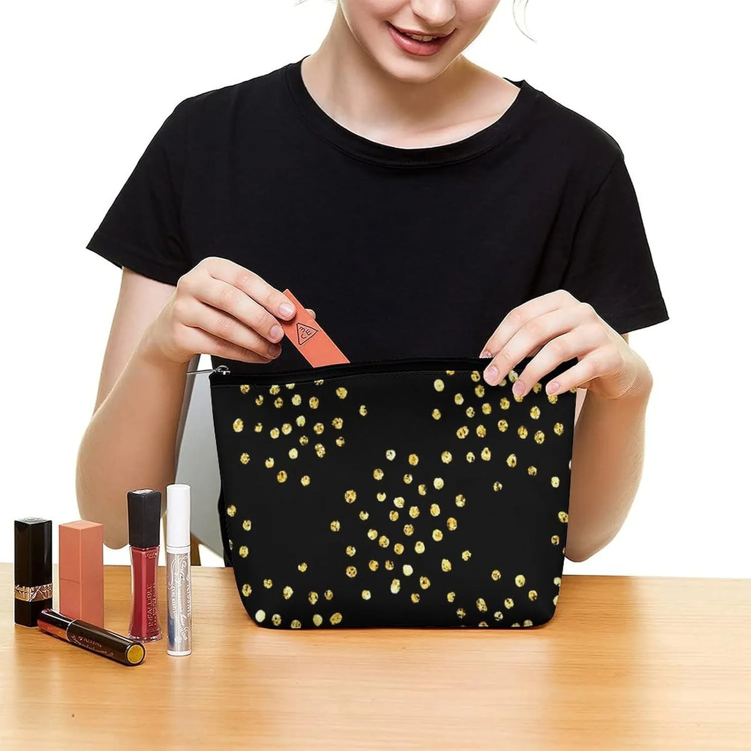 Elegant Makeup Bag, Golden Glitter Dots Cosmetic Bag Large Capacity Pouch Portable Organizer for Men & Women