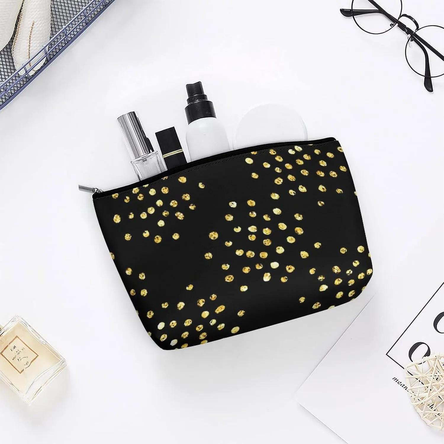 Elegant Makeup Bag, Golden Glitter Dots Cosmetic Bag Large Capacity Pouch Portable Organizer for Men & Women