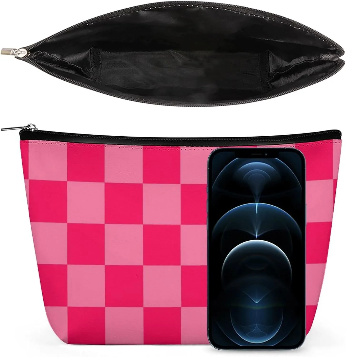 Elegant Makeup Bag, Hot Pink Checker Cosmetic Bag Large Capacity Pouch Portable Organizer for Men & Women