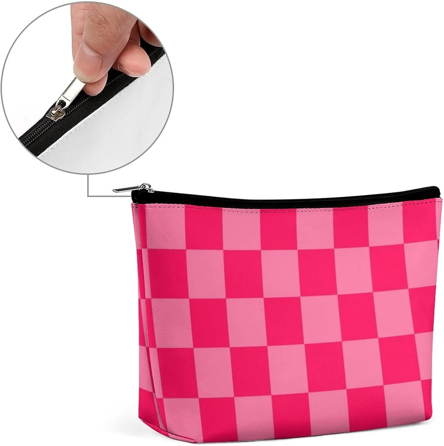 Elegant Makeup Bag, Hot Pink Checker Cosmetic Bag Large Capacity Pouch Portable Organizer for Men & Women
