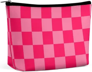 Elegant Makeup Bag, Hot Pink Checker Cosmetic Bag Large Capacity Pouch Portable Organizer for Men & Women