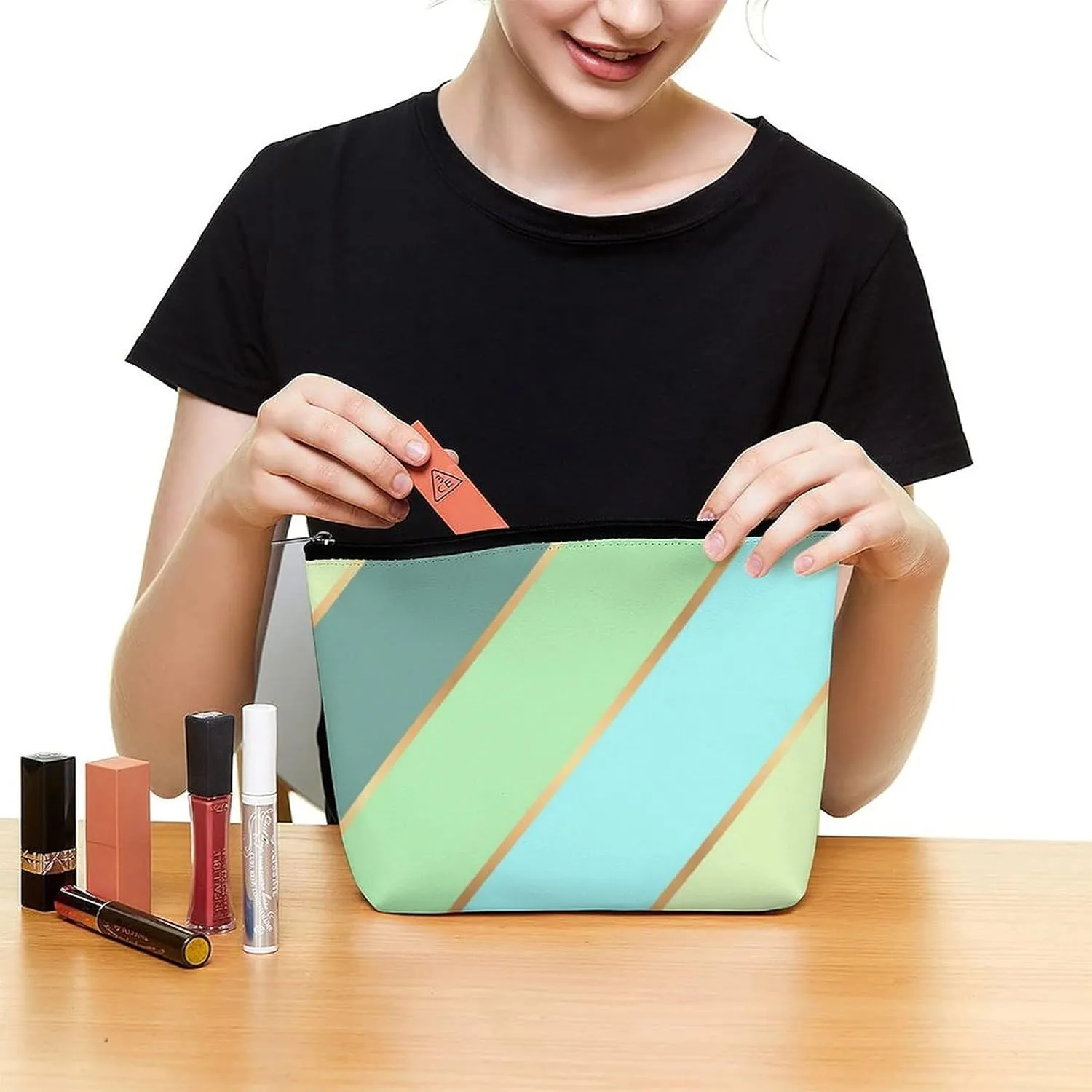 Elegant Makeup Bag, Mint Green Teal Turquoise Blue Gold Stripes Cosmetic Bag Large Capacity Pouch Portable Organizer for Men & Women