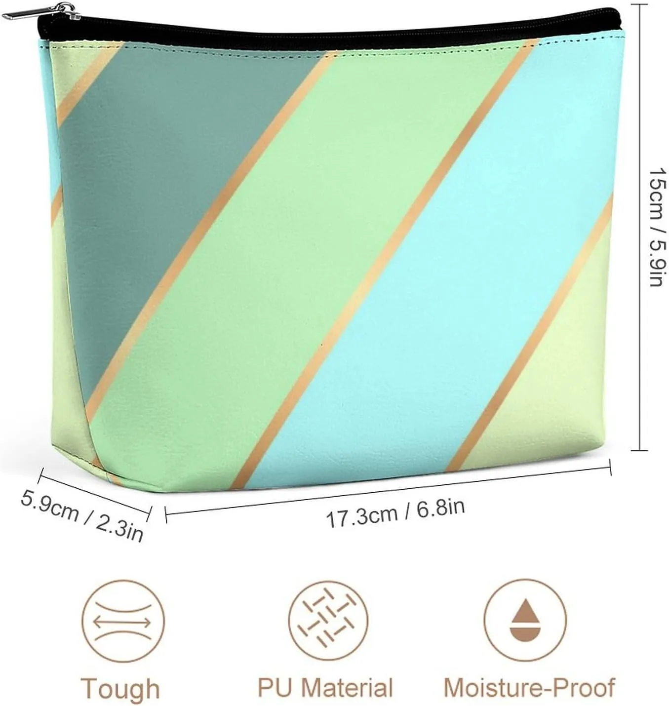 Elegant Makeup Bag, Mint Green Teal Turquoise Blue Gold Stripes Cosmetic Bag Large Capacity Pouch Portable Organizer for Men & Women