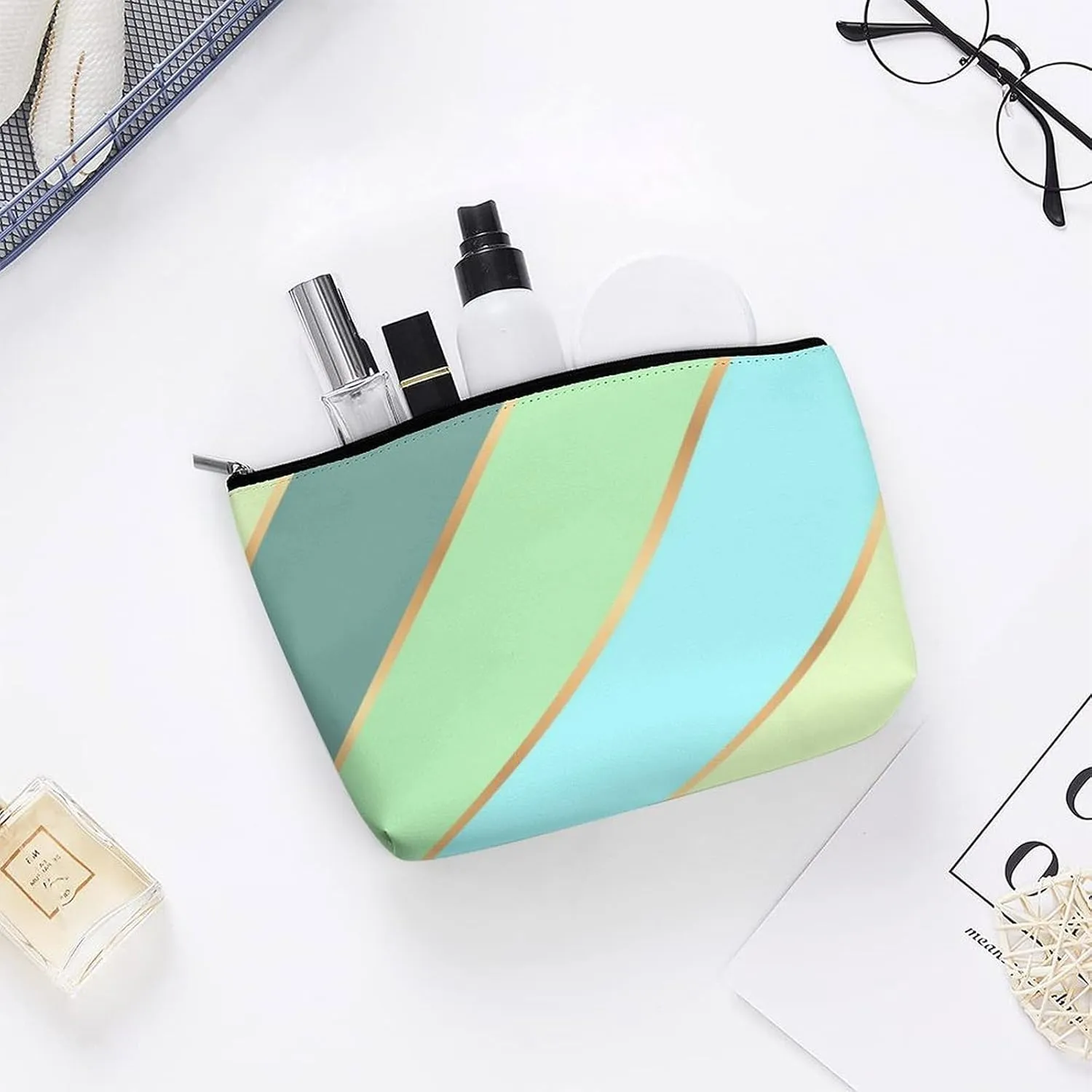 Elegant Makeup Bag, Mint Green Teal Turquoise Blue Gold Stripes Cosmetic Bag Large Capacity Pouch Portable Organizer for Men & Women