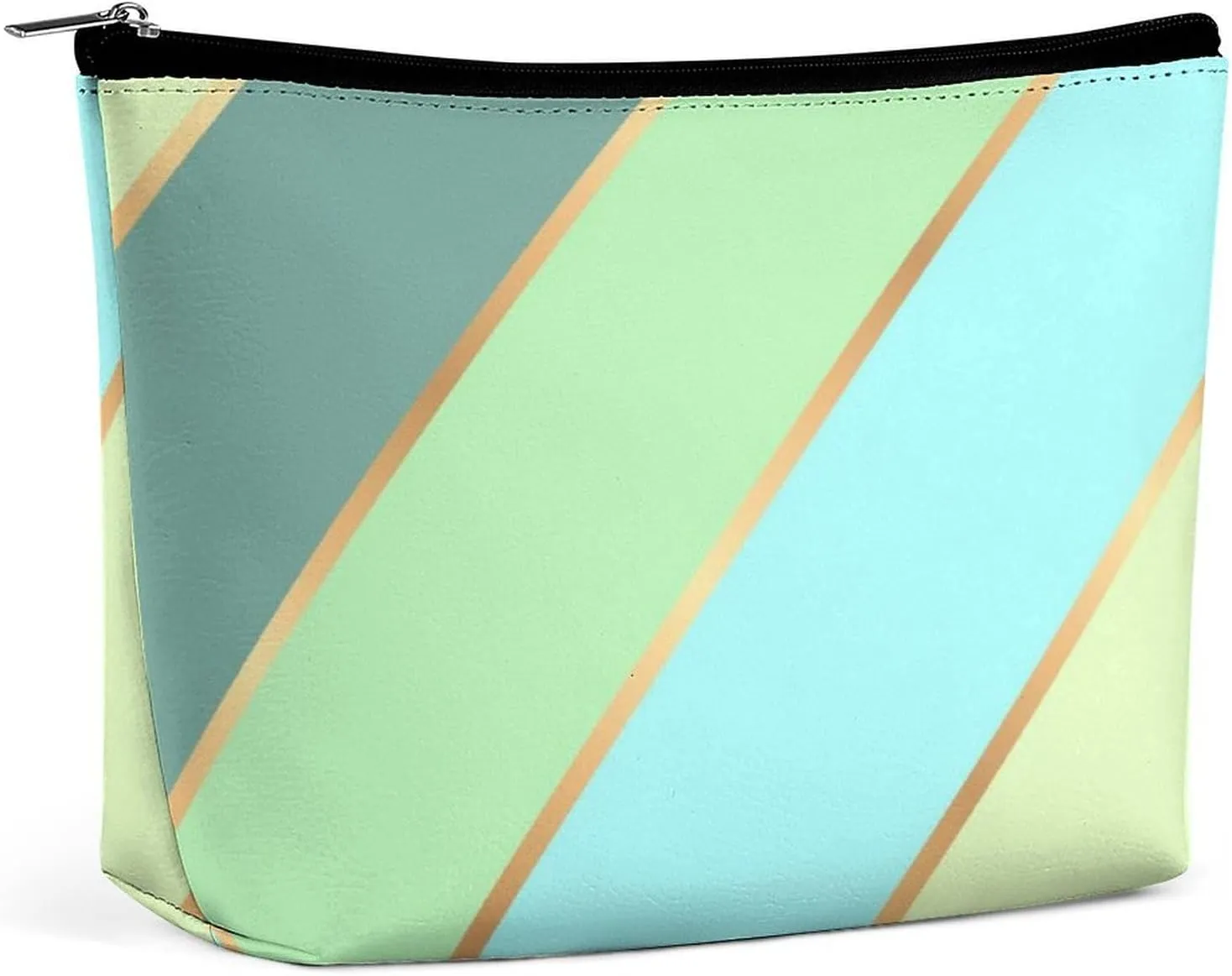 Elegant Makeup Bag, Mint Green Teal Turquoise Blue Gold Stripes Cosmetic Bag Large Capacity Pouch Portable Organizer for Men & Women