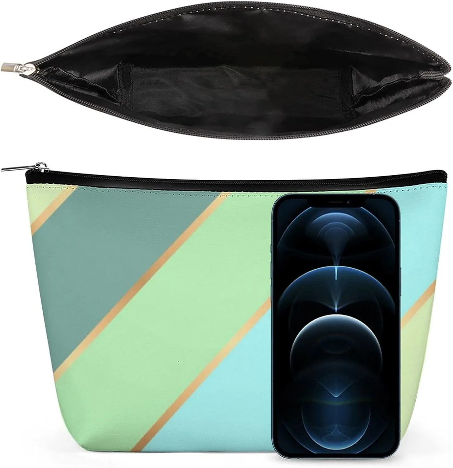 Elegant Makeup Bag, Mint Green Teal Turquoise Blue Gold Stripes Cosmetic Bag Large Capacity Pouch Portable Organizer for Men & Women