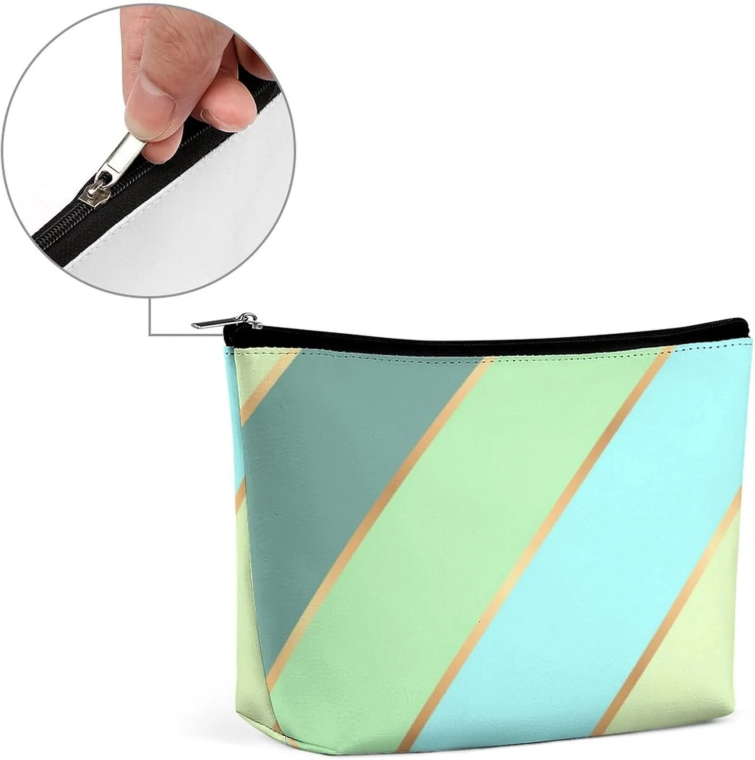Elegant Makeup Bag, Mint Green Teal Turquoise Blue Gold Stripes Cosmetic Bag Large Capacity Pouch Portable Organizer for Men & Women