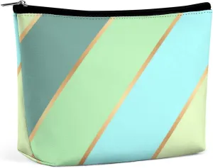 Elegant Makeup Bag, Mint Green Teal Turquoise Blue Gold Stripes Cosmetic Bag Large Capacity Pouch Portable Organizer for Men & Women