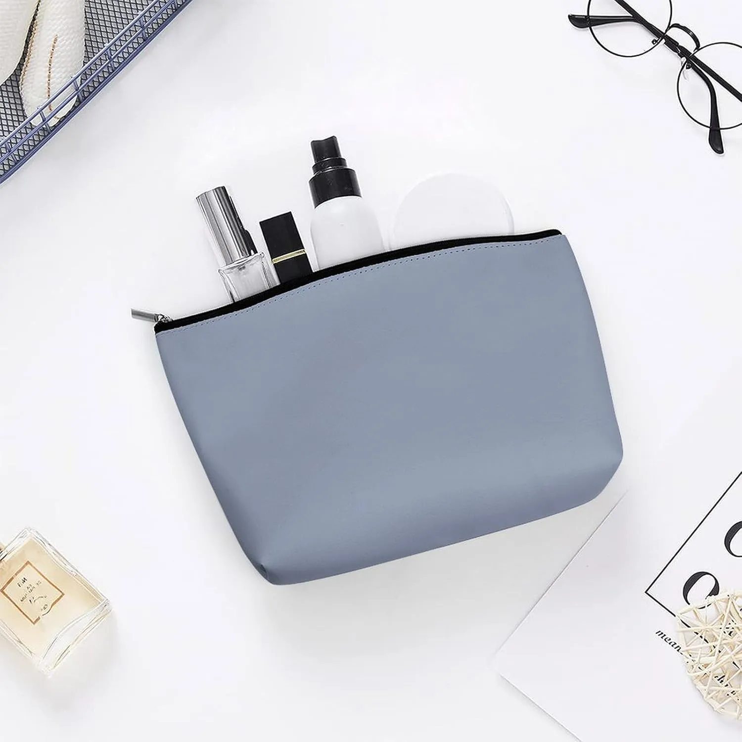 Elegant Makeup Bag, Modern Blue Grey Solid Simple Minimal Cosmetic Bag Large Capacity Pouch Portable Organizer for Men & Women