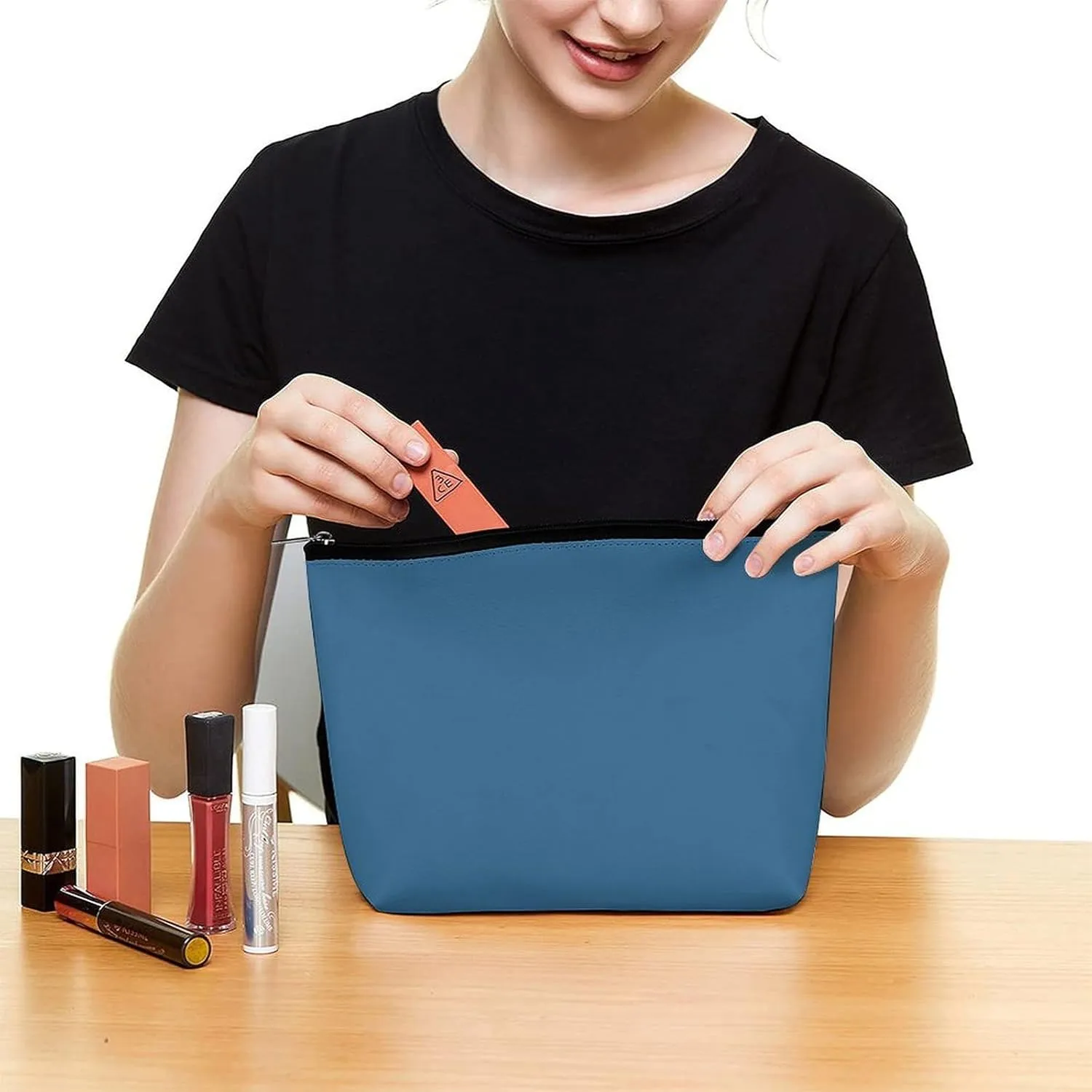 Elegant Makeup Bag, Modern Blue Solid Color Cosmetic Bag Large Capacity Pouch Portable Organizer for Men & Women