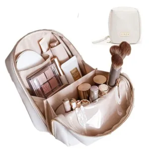 Elegant Portable Puffer Cosmetic Bag for Women with Compartments Large Capacity Travel Makeup Bag for Purse (Beige)