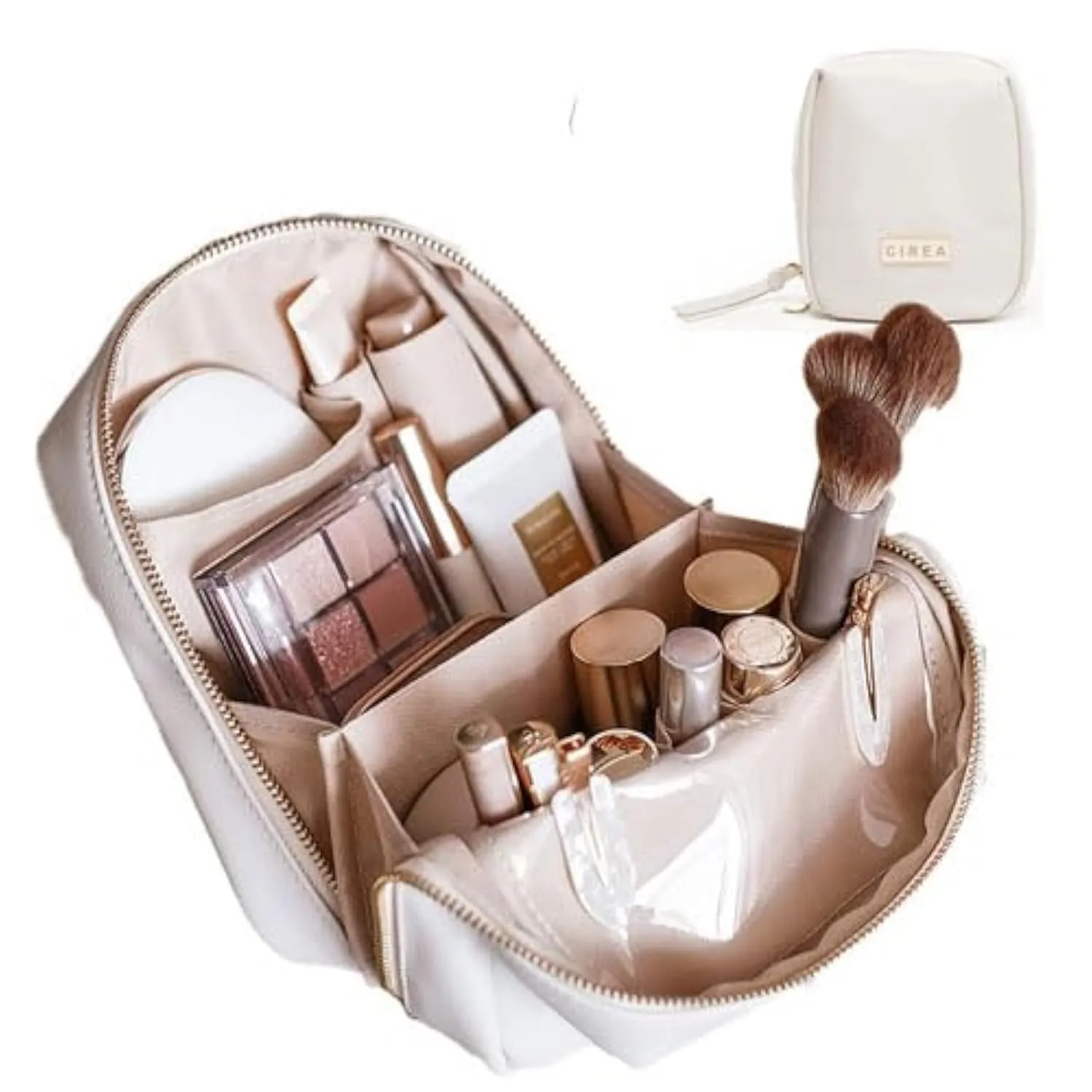 Elegant Portable Puffer Cosmetic Bag for Women with Compartments Large Capacity Travel Makeup Bag for Purse (Beige)