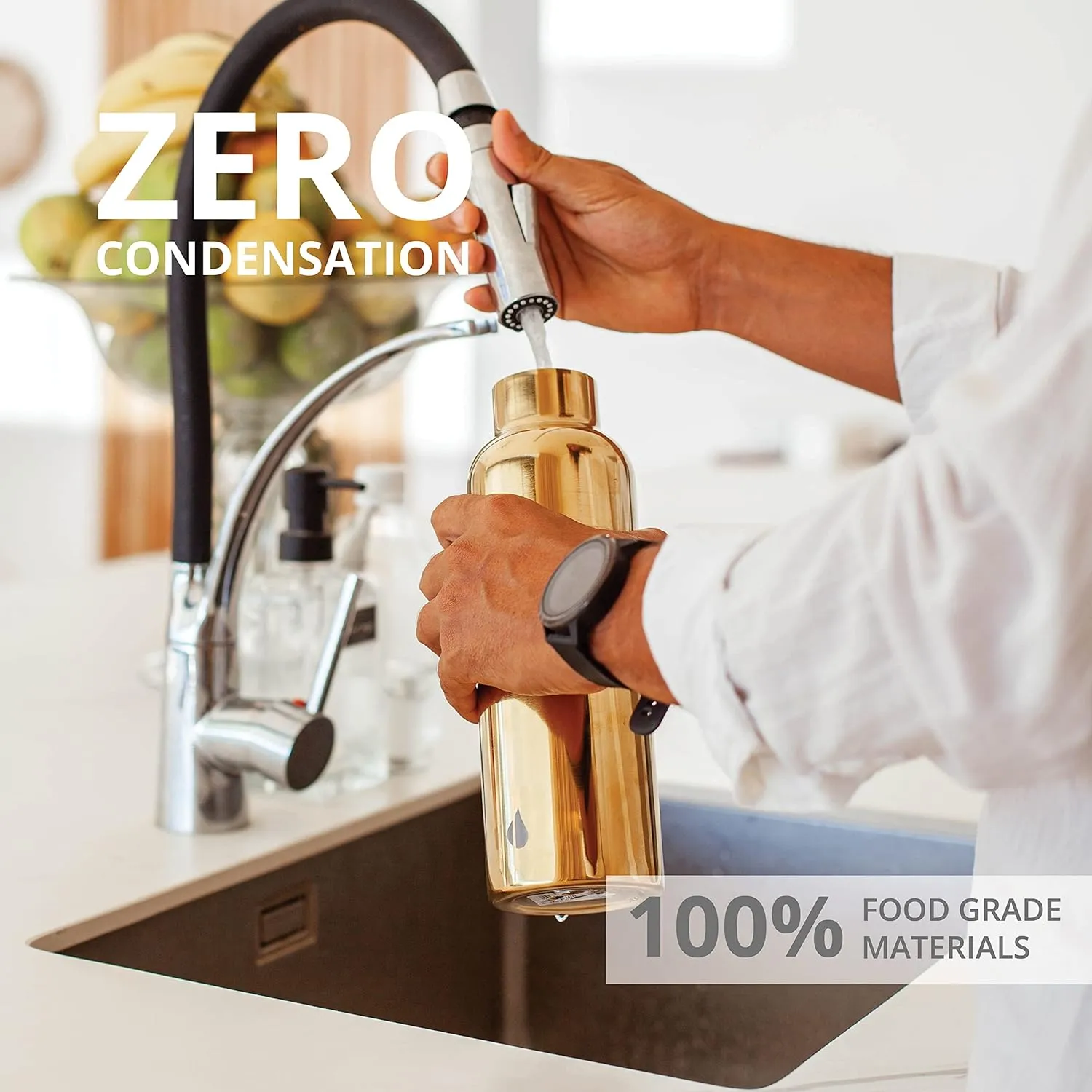 Elemental Classic Stainless Steel Water Bottle - 25oz Leak Proof Double Wall Insulated Water Bottle for Travel, Gym, Sports and Hydration - Thermos Water Bottles with Bamboo Lid - Gold