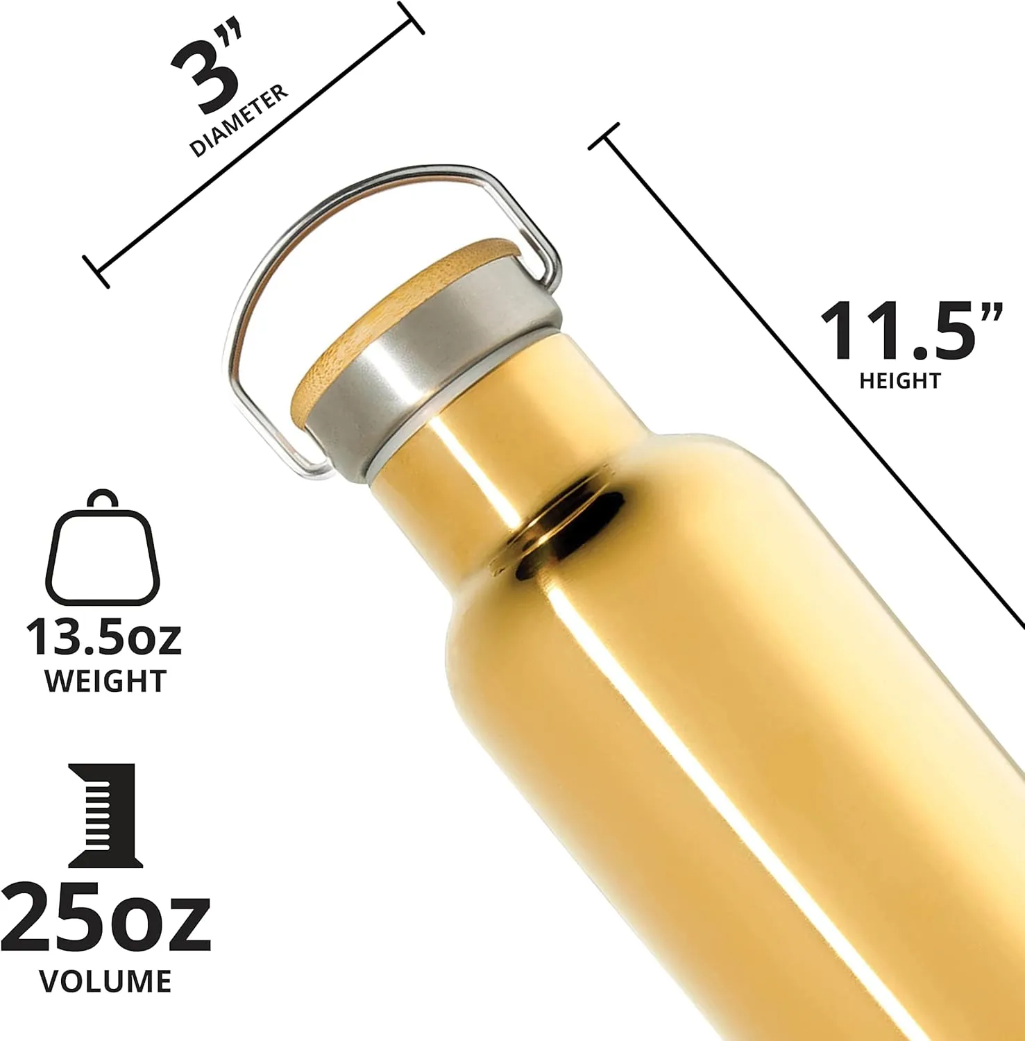 Elemental Classic Stainless Steel Water Bottle - 25oz Leak Proof Double Wall Insulated Water Bottle for Travel, Gym, Sports and Hydration - Thermos Water Bottles with Bamboo Lid - Gold