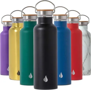 Elemental Classic Stainless Steel Water Bottle - 25oz Leak Proof Double Wall Insulated Water Bottle for Travel, Gym, Sports and Hydration - Thermos Water Bottles with Bamboo Lid - Matte Black