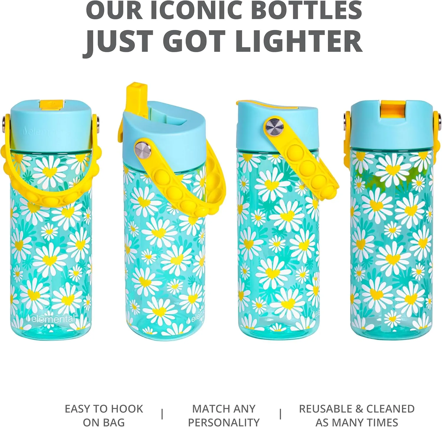 Elemental Leak Proof Water Bottles for Kids - Splash Kids Water Bottle for School with Pop-it Handle - BPA Free Tritan Plastic Reusable Water Bottle with Straw - Daisy Heart - 18oz
