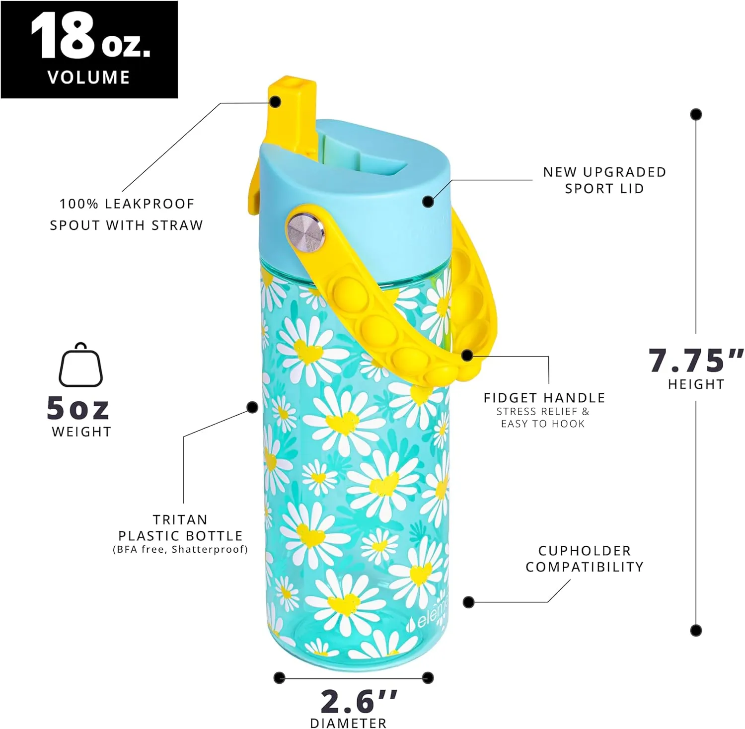 Elemental Leak Proof Water Bottles for Kids - Splash Kids Water Bottle for School with Pop-it Handle - BPA Free Tritan Plastic Reusable Water Bottle with Straw - Daisy Heart - 18oz