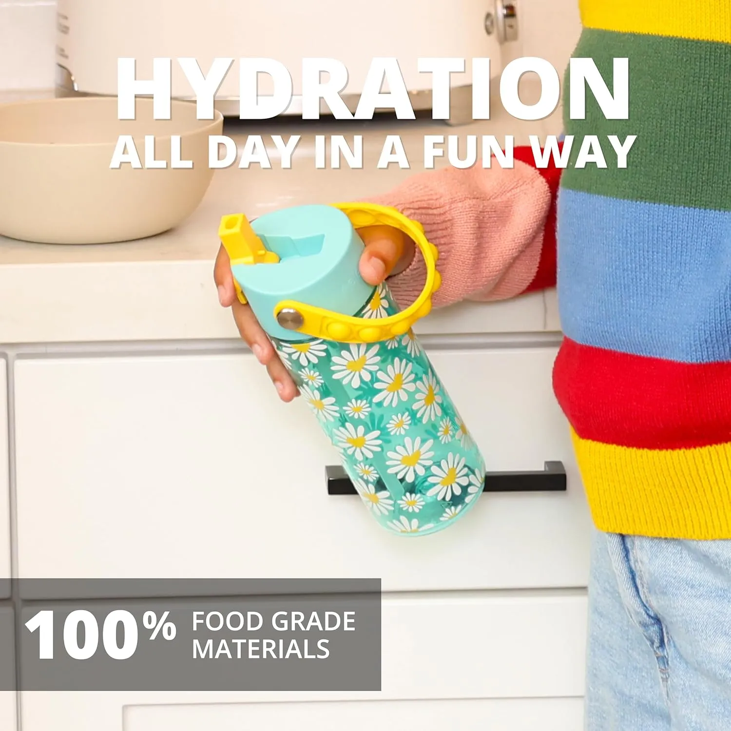 Elemental Leak Proof Water Bottles for Kids - Splash Kids Water Bottle for School with Pop-it Handle - BPA Free Tritan Plastic Reusable Water Bottle with Straw - Daisy Heart - 18oz
