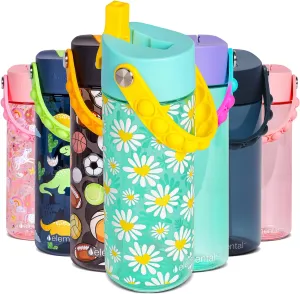 Elemental Leak Proof Water Bottles for Kids - Splash Kids Water Bottle for School with Pop-it Handle - BPA Free Tritan Plastic Reusable Water Bottle with Straw - Daisy Heart - 18oz