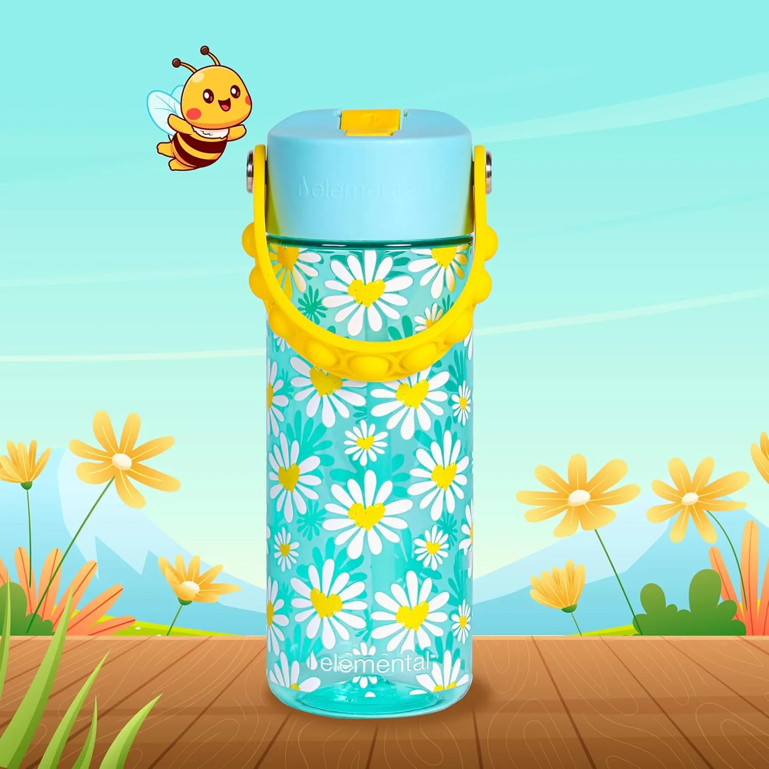 Elemental Leak Proof Water Bottles for Kids - Splash Kids Water Bottle for School with Pop-it Handle - BPA Free Tritan Plastic Reusable Water Bottle with Straw - Daisy Heart - 18oz