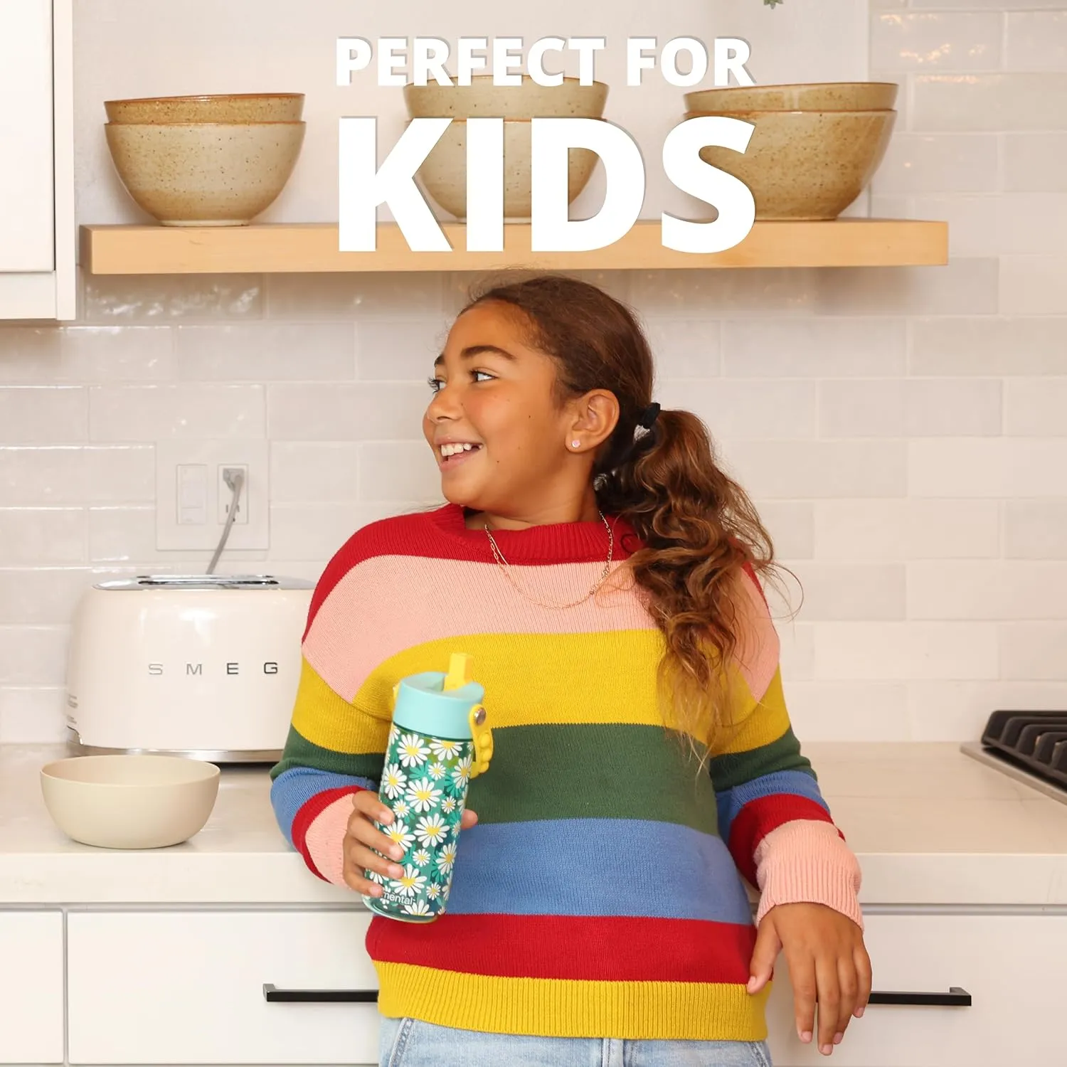 Elemental Leak Proof Water Bottles for Kids - Splash Kids Water Bottle for School with Pop-it Handle - BPA Free Tritan Plastic Reusable Water Bottle with Straw - Daisy Heart - 18oz