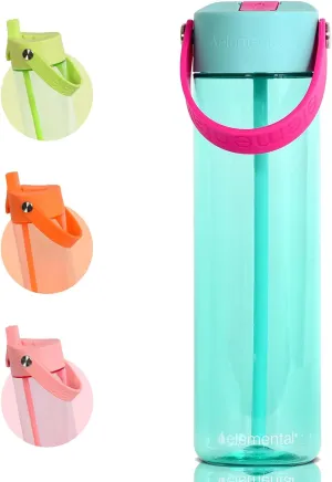 Elemental Splash Water Bottle with Straw - BPA-Free Tritan Plastic Reusable Water Bottle with Strap - Leak-Proof Waterbottle for Travel, Gym and Sports - 26oz