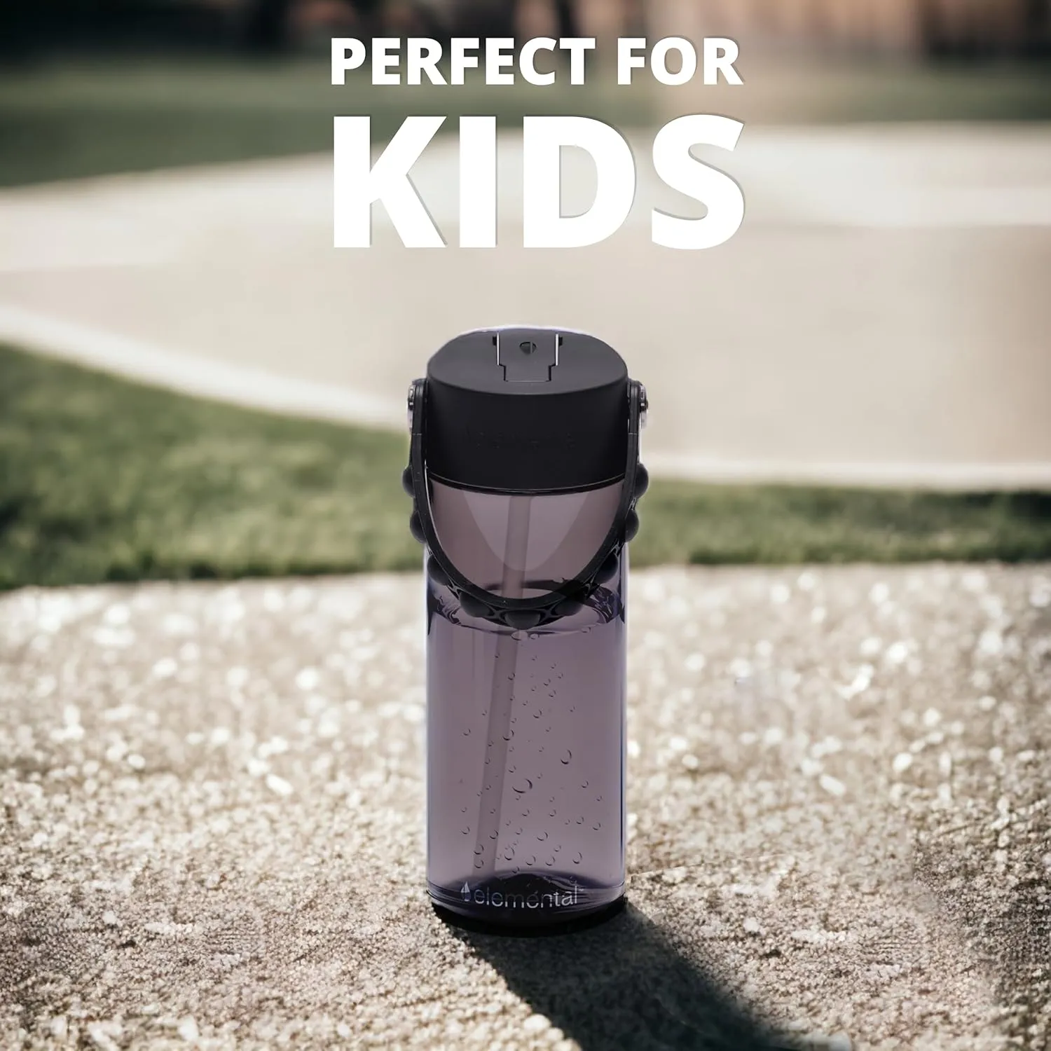 Elemental Water Bottles for Kids - Splash Kids Water Bottle for School with Pop-it Handle - BPA Free Tritan Plastic Water Bottle with Straw Leak Proof when Spout is Closed - Black - 18oz